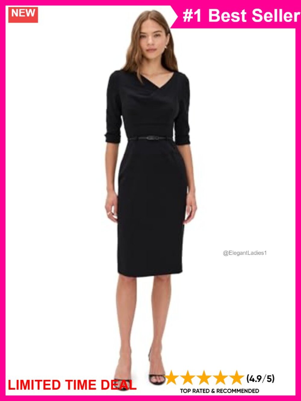 Leather Belt 3/4 Sleeve Sheath Dress Knee-Length Work